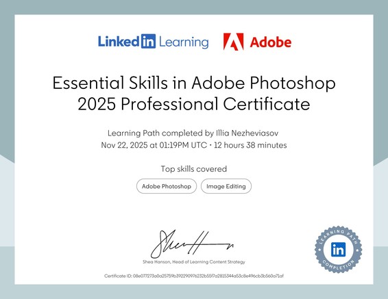 LinkedIn Learning & Adobe – Essential Skills in Adobe Photoshop 2025 Professional Certificate (Top skills: Adobe Photoshop, Image Editing)