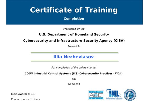Certificate of Training – 100W Industrial Control Systems (ICS) Cybersecurity Practices (FY24)