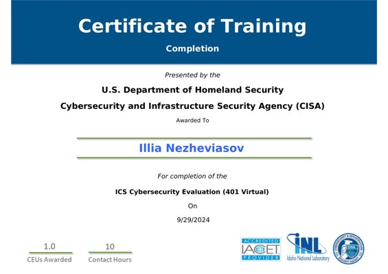 Certificate of Training – ICS Cybersecurity Evaluation (401 Virtual)